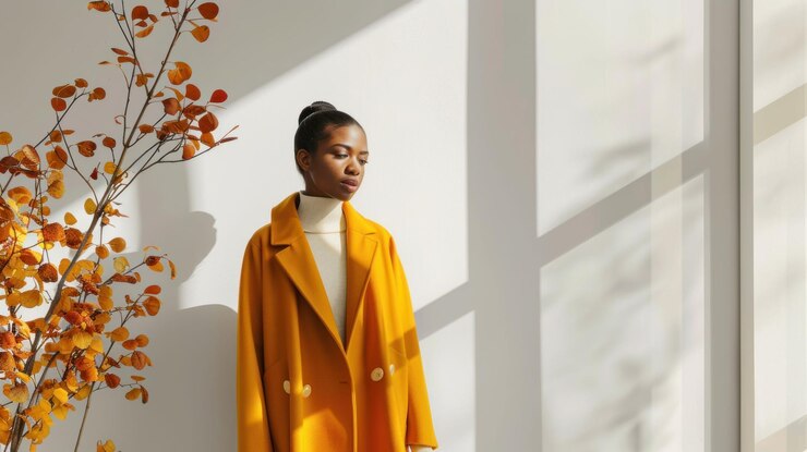 PSD une femme en manteau jaune debout près d'une fenêtre avec des feuilles d'automne