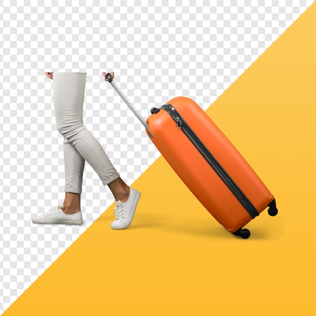 Une femme marche avec une valise.
