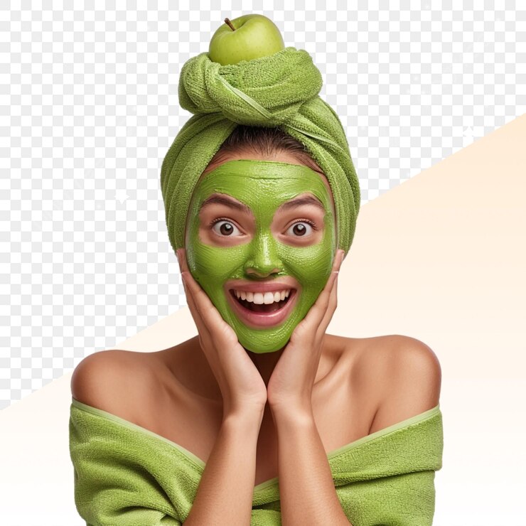 PSD une femme avec un masque vert sur son visage et le visage a un masque vert sur lui