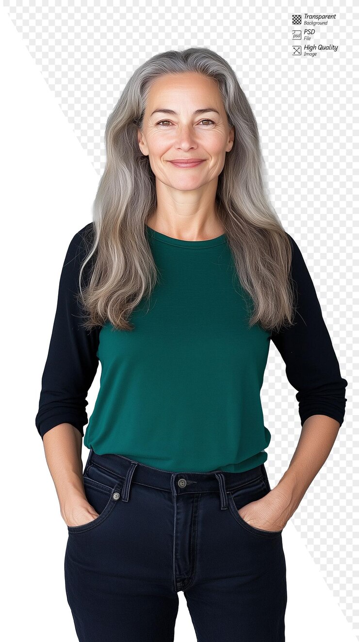 PSD femme mature aux longs cheveux gris en haut vert sur un fond transparent