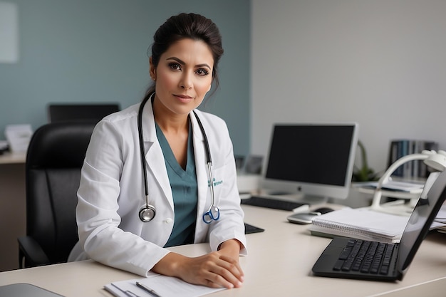 Femme médecin asiatique assise dans son bureau d'hôpital et regardant la caméra