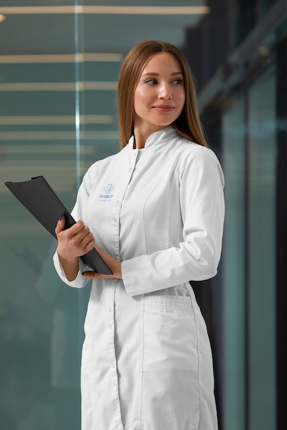PSD femme médecin portant une maquette de blouse de laboratoire