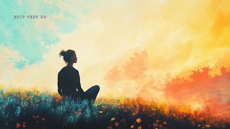 PSD une femme méditant dans un champ de coucher de soleil coloré