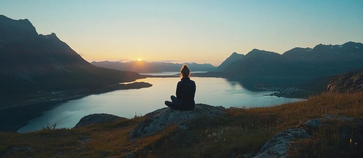PSD une femme médite au sommet d'une montagne avec le coucher du soleil