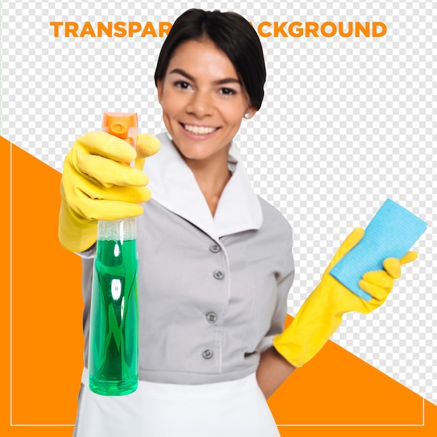 femme de ménage tenant des fournitures de nettoyage avec un fond transparent