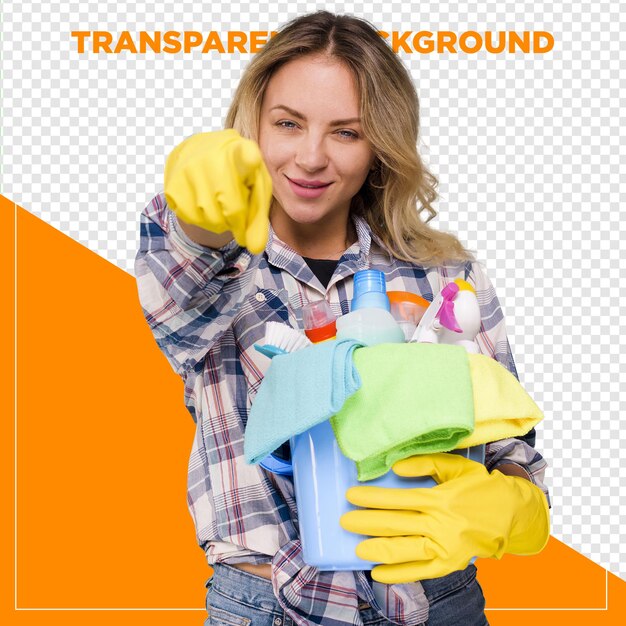 femme de ménage tenant des fournitures de nettoyage avec un fond transparent