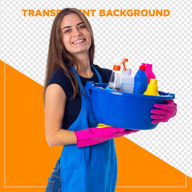 Femme ménagère tenant des produits de nettoyage à fond transparent
