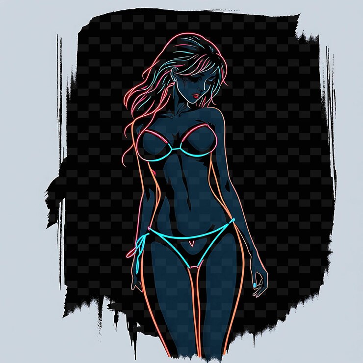 PSD femme mince en bikini à taille haute neon grunge design artistique avec des couleurs sombres thème décoré avec déchiré