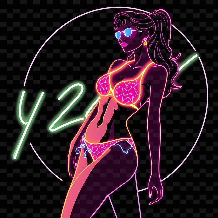 PSD femme mince en bikini à taille haute neon y2k design artistique avec illustration pastel neon characterc