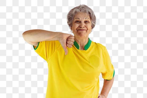 Femme mûre avec l'équipe de football chemise jaune isolé sur blanc