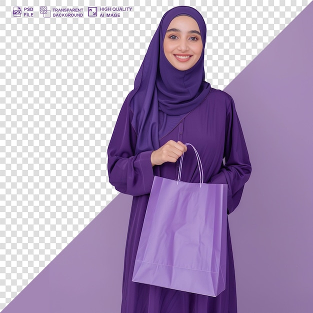 PSD femme musulmane dans un foulard tenant un sac d'achat isolé à l'arrière-plan transparent