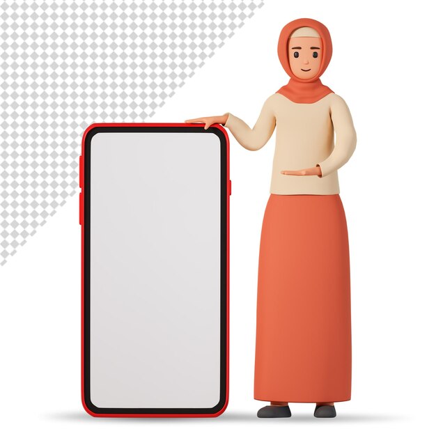 Femme musulmane en hijab debout près d'un grand smartphone et pointant dessus illustration 3d