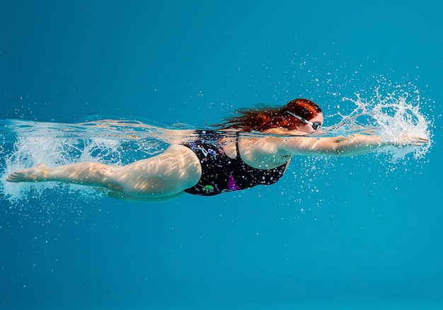 Une femme nageant sous l'eau avec un éclaboussure dans une piscine
