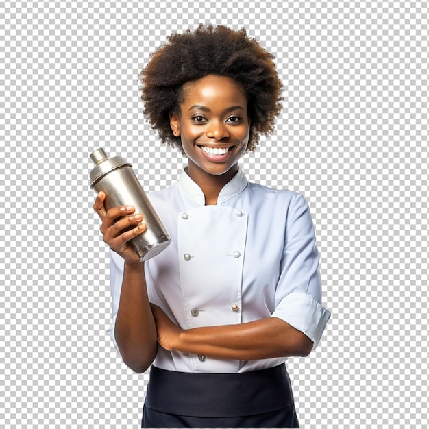 PSD une femme noire afro se sent heureuse, excitée et serveuse avec un cocktail sur un fond transparent.