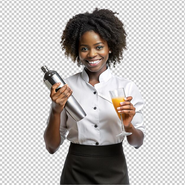 PSD une femme noire afro se sent heureuse, excitée et serveuse avec un cocktail sur un fond transparent.