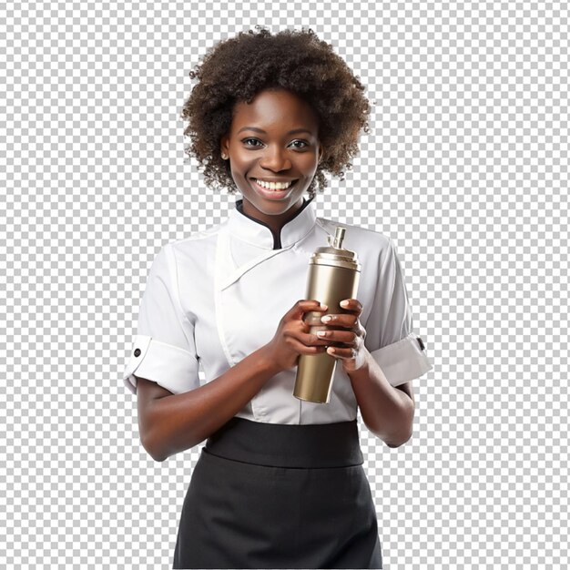 PSD une femme noire afro se sent heureuse, excitée et serveuse avec un cocktail sur un fond transparent.