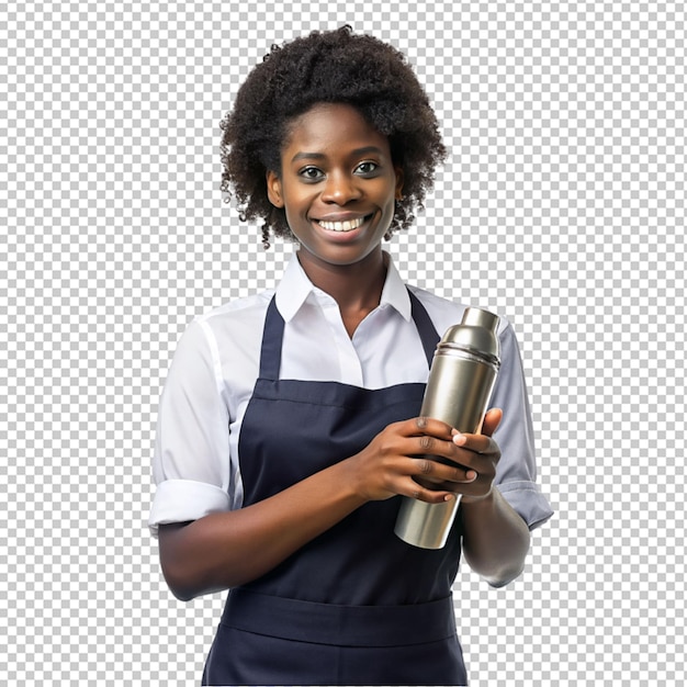 PSD une femme noire afro se sent heureuse, excitée et serveuse avec un cocktail sur un fond transparent.