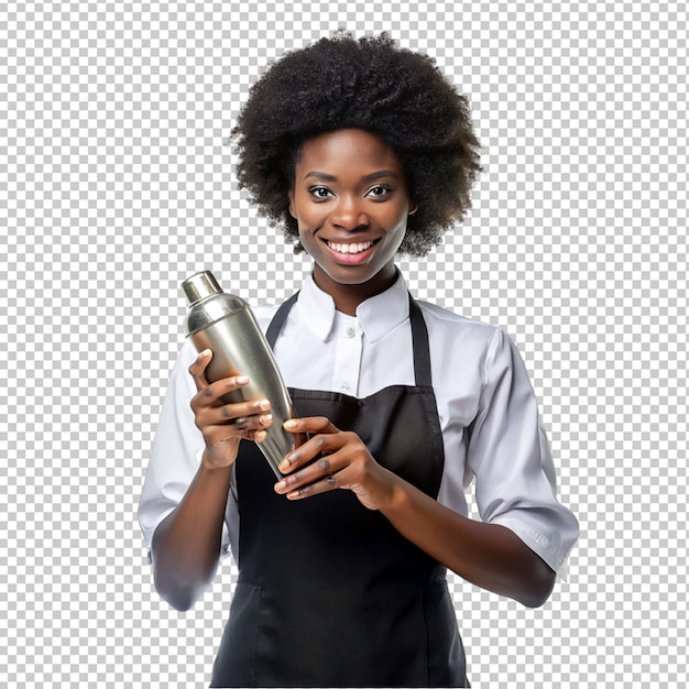 PSD une femme noire afro se sent heureuse, excitée et serveuse avec un cocktail sur un fond transparent.