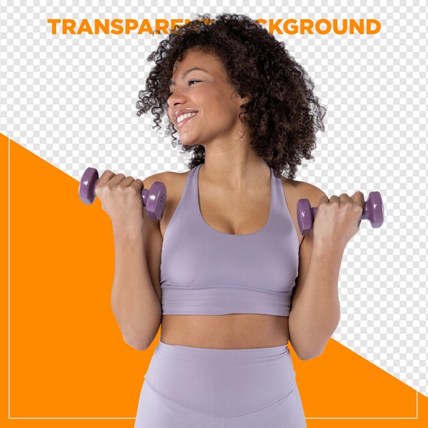 Une femme noire aux cheveux bouclés soulevant des poids dans un gymnase avec un fond transparent