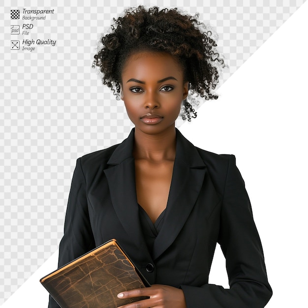 PSD une femme noire professionnelle en costume tenant une tablette