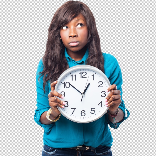 PSD femme noire réfléchie avec une horloge