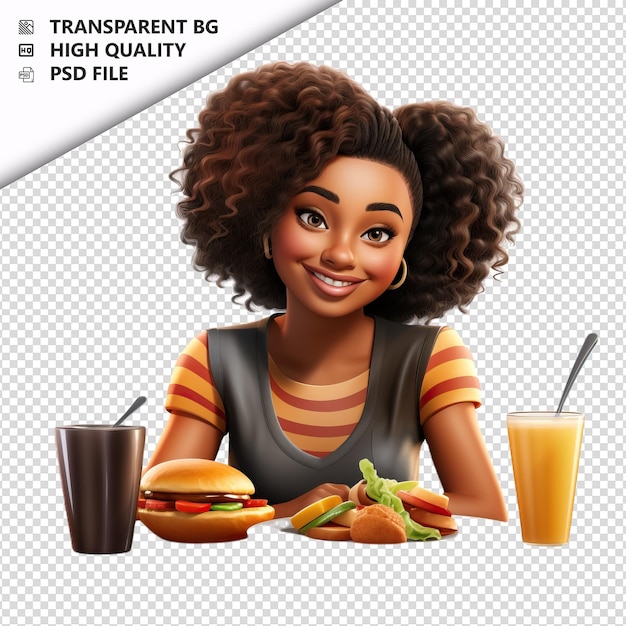 PSD femme noire à la salle à manger 3d style dessin animé fond blanc isolé