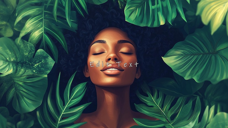 PSD une femme noire sereine entourée de feuilles tropicales vertes et luxuriantes.