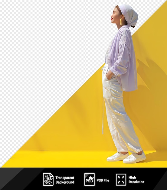 PSD femme optimiste impressionnante visualisant un avenir brillant invisible devant un mur jaune portant une chemise violette et un pantalon blanc avec une chaussure blanche visible au premier plan et une ombre sombre projetée png