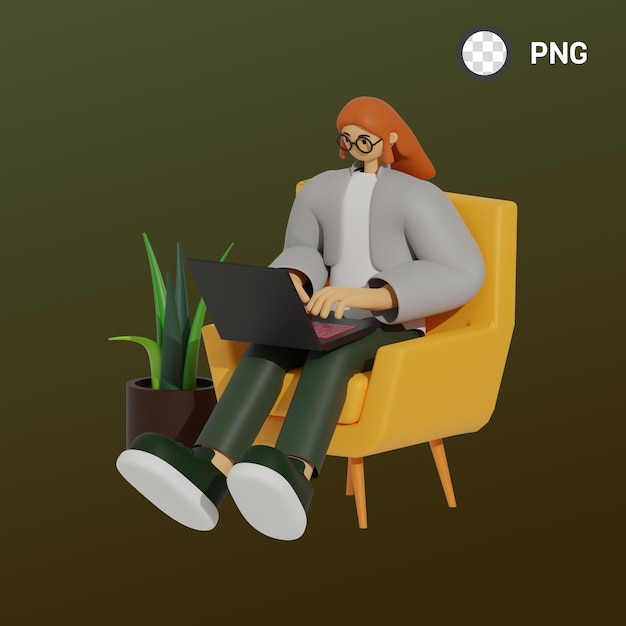 PSD une femme avec un ordinateur portable sur ses genoux est assise sur une chaise avec le nom png.