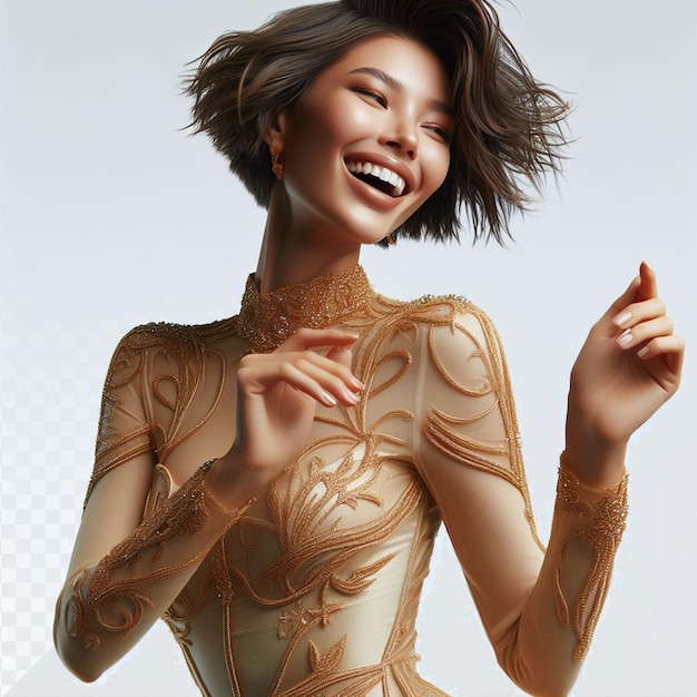 PSD femme orientale dorée modèle dansant secouant riant isolé fond transparent visage png or