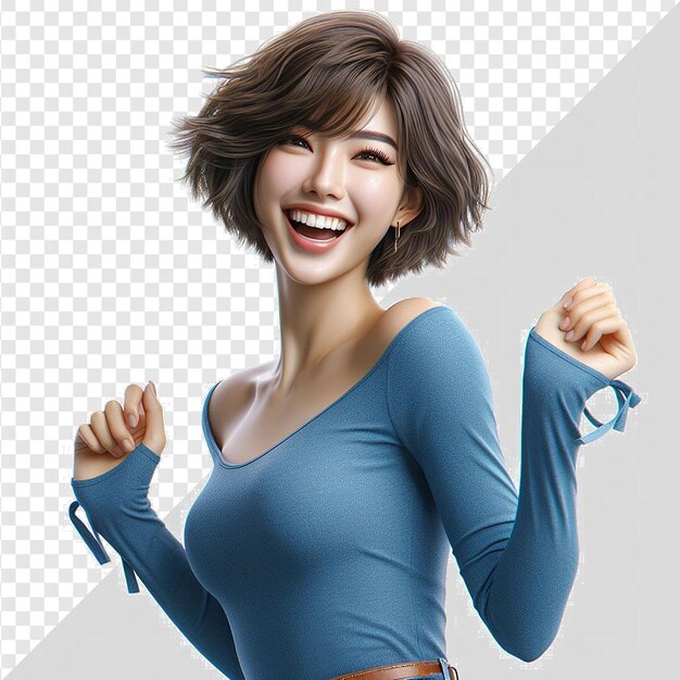 PSD femme orientale vêtue de bleu modèle dansant secouant riant isolé fond transparent visage png