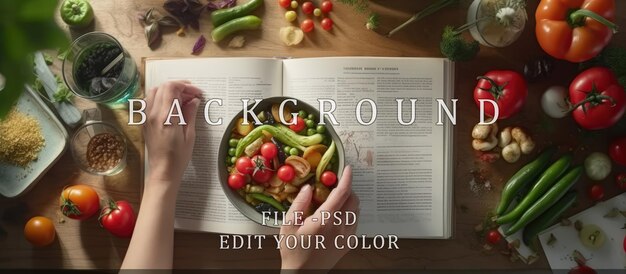 Une Femme Ouvre Un Livre De Recettes Sur La Table Et Des Légumes Sur La Table.