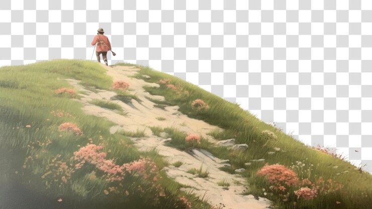 PSD femme de png en randonnée sur un paysage de colline aventure en plein air