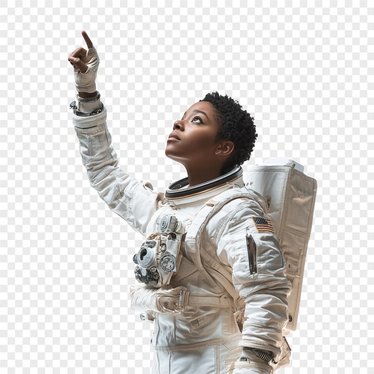 PSD une femme pointant vers le ciel avec une navette spatiale sur sa main