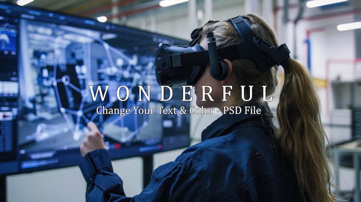 PSD une femme portant un casque vr interagissant avec un design de réalité virtuelle