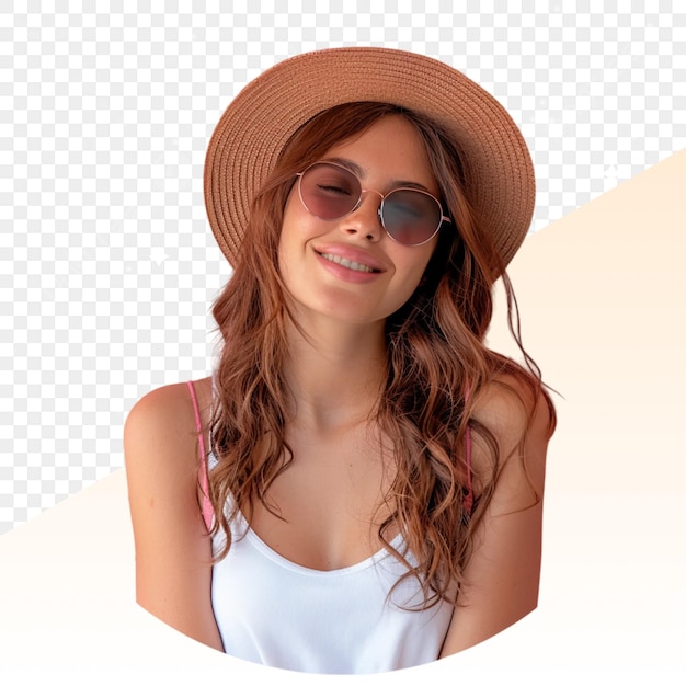une femme portant un chapeau de paille avec un ruban rose autour de son cou