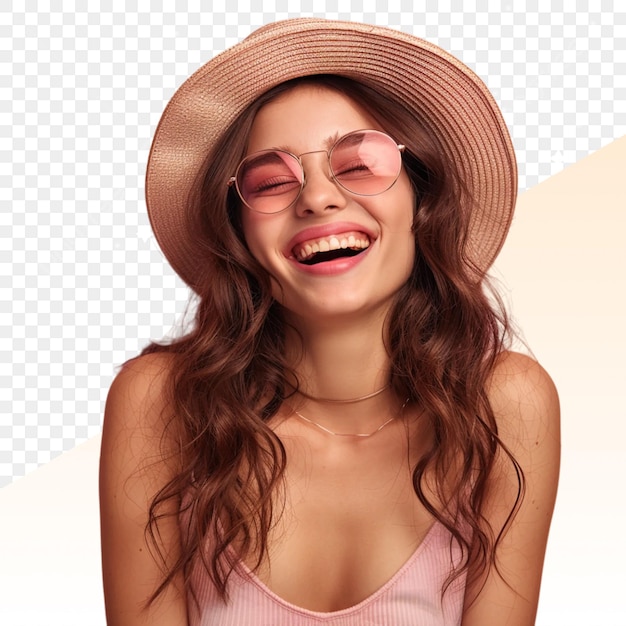 une femme portant un chapeau sourit avec une chemise rose qui dit chapeau de citation