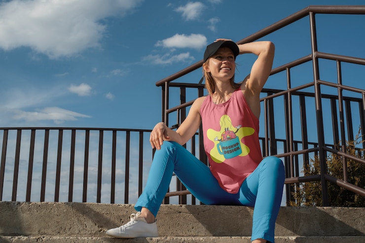 PSD femme portant un design de maquette de t-shirt à l'extérieur