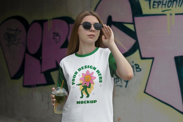 Femme Portant Un Logo Sur La Conception D'une Maquette De T-shirt Avant