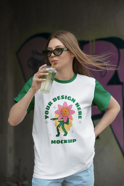Femme portant un logo sur la conception d'une maquette de t-shirt avant