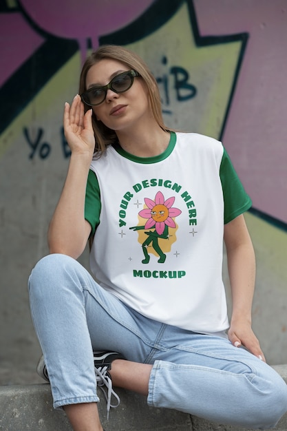 Femme portant un logo sur la conception d'une maquette de t-shirt avant