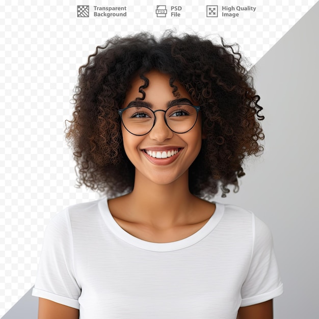 PSD une femme portant des lunettes avec une chemise blanche qui dit « naturel ».