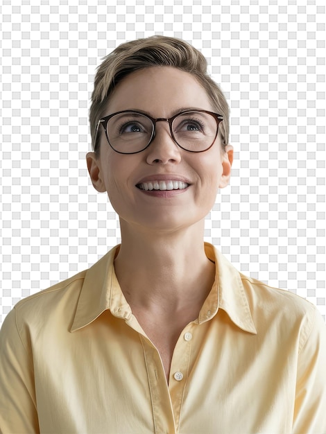 PSD une femme portant des lunettes et une chemise jaune avec un sourire sur le visage