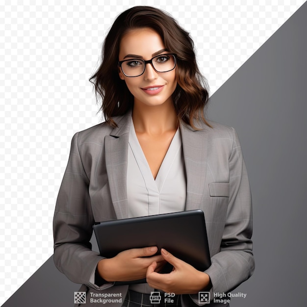 PSD une femme portant des lunettes et un costume gris tient un cahier devant une photo d'une femme.