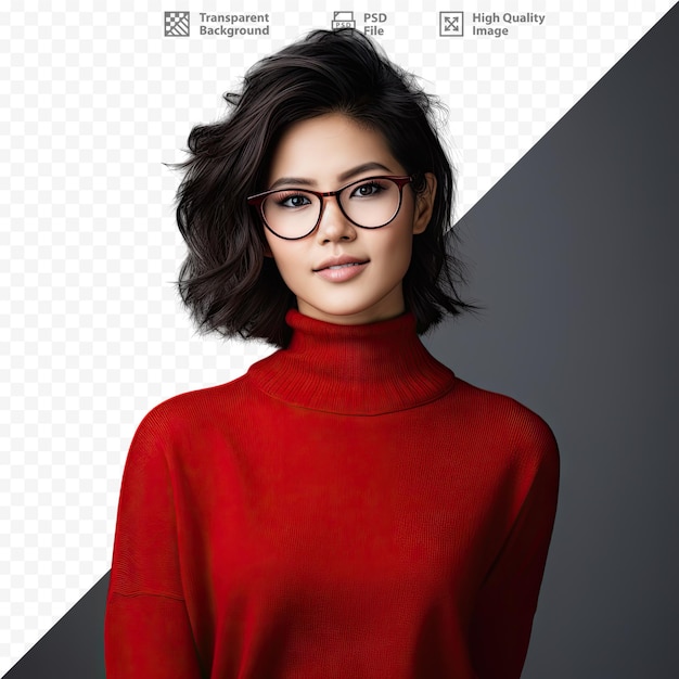 PSD une femme portant des lunettes et un pull rouge avec un pull rouge dessus.