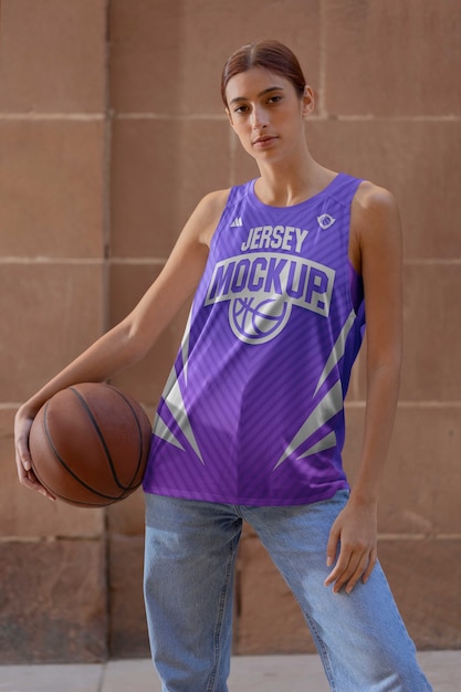 PSD femme portant une maquette de maillot de basket