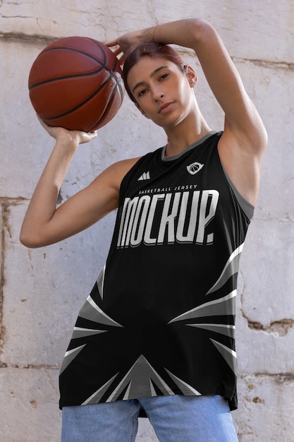 Femme Portant Une Maquette De Maillot De Basket PSD Premium