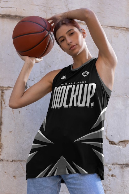 PSD femme portant une maquette de maillot de basket