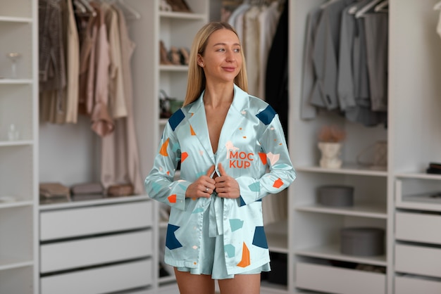 PSD femme portant un pyjama maquette confortable