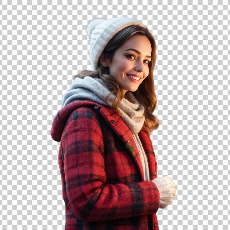 PSD une femme portant une veste à carreaux rouges et un foulard avec une cape dessus